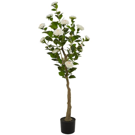 4.5ft. Green Faux Camellia Foliage Artificial Tree with Black Plastic Pot